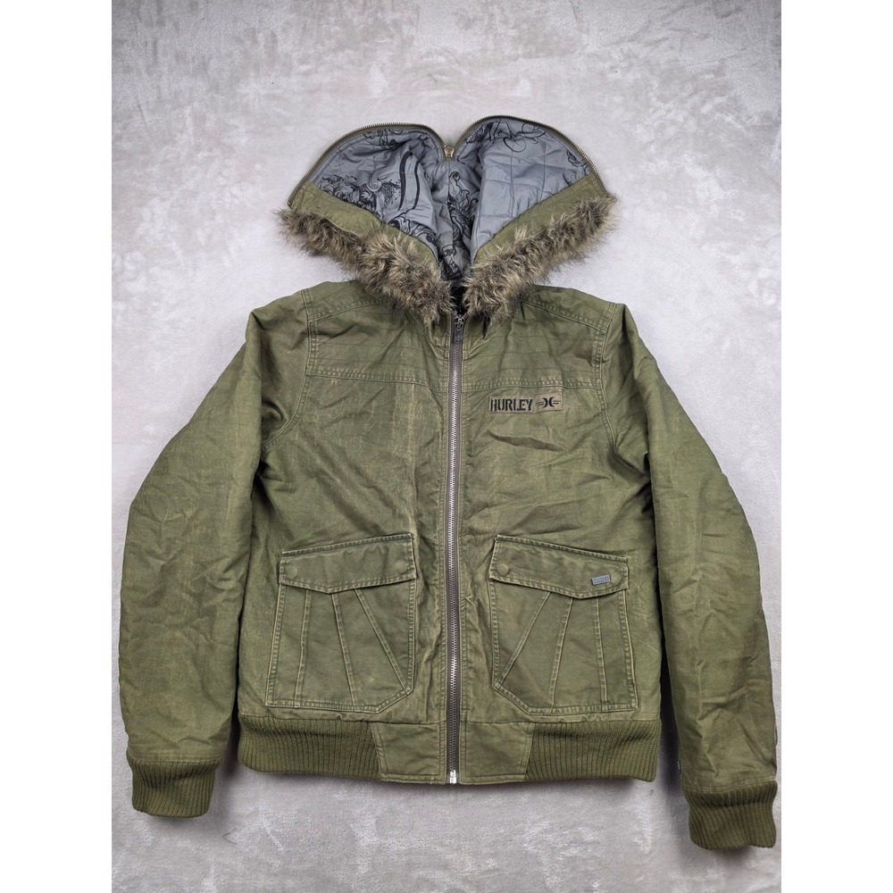 Hurley Bomber Jacket Men L Green Faux Fur Split Hood Quilted Lining Y2K Military